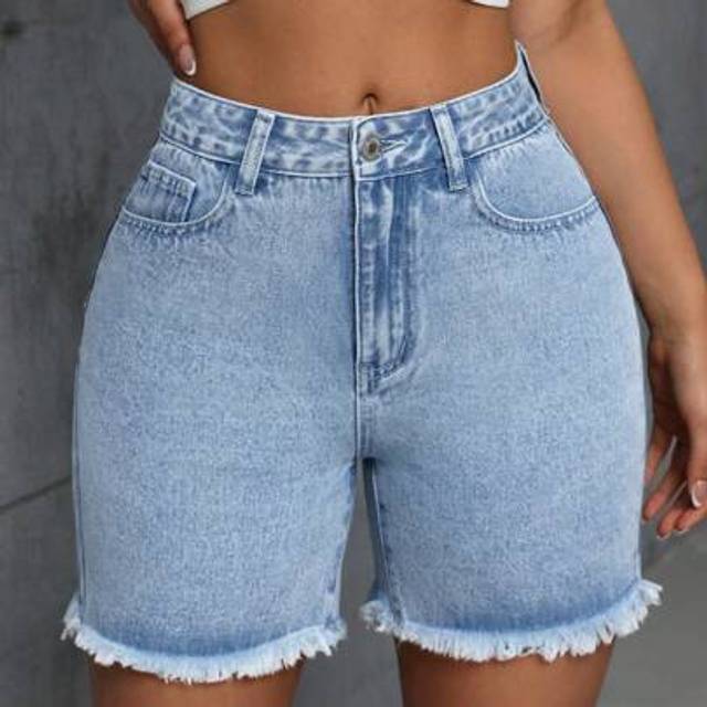 SHEIN Tall Faux Leather Trim Frayed Hem Light Washed Denim Shorts