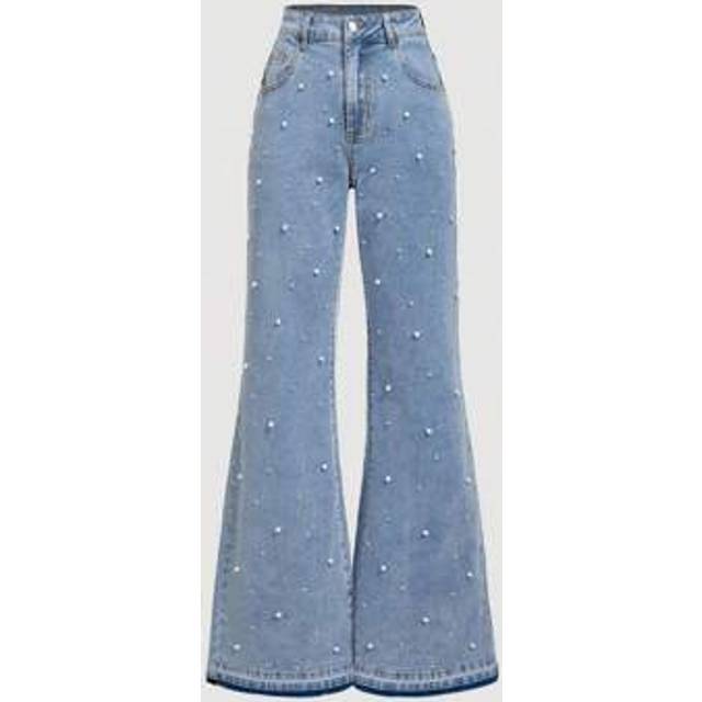 SHEIN Women&#39;s Casual Faux Pearl Embellished Flared Jeans