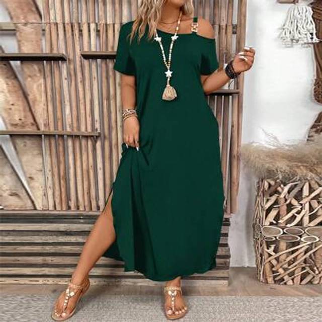 SHEIN Plus Size Women&#39;s Solid Color Simple Daily Dress, For Thanksgiving Maxi Women Outfit,Off The Shoulder,Summer Women Outfit