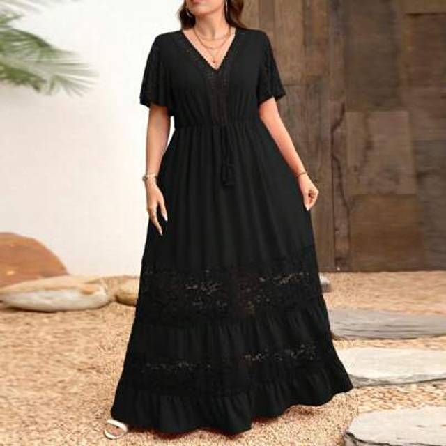 SHEIN Plus Size Elegant Lace Patchwork V-Neck Bohemian Style Dress