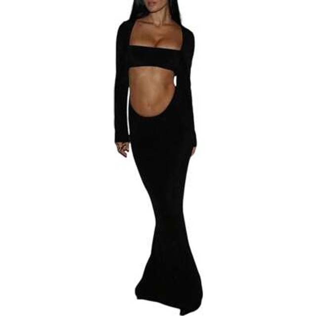 SHEIN Women&#39;s Evening Dress Long Sleeve Square Neck Cutout Slim Fit Versatile Cocktail Dress
