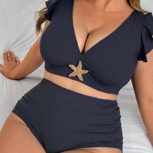 SHEIN 2pcs Plus Size Solid Color Sexy Swimsuits Set, Summer Travel