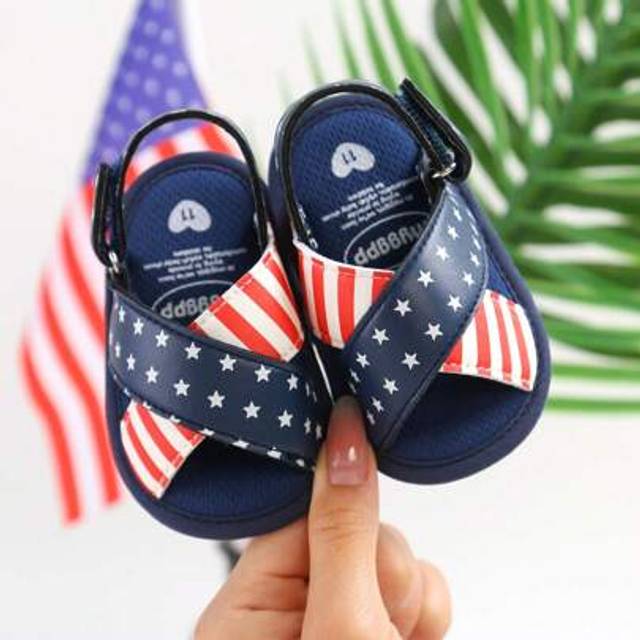 SHEIN Independence Day 0-18M Infant Girls Boys Sandal, PU Leather Flexible Non-Slip Stars Striped Summer Flats 4th Of July Shoes