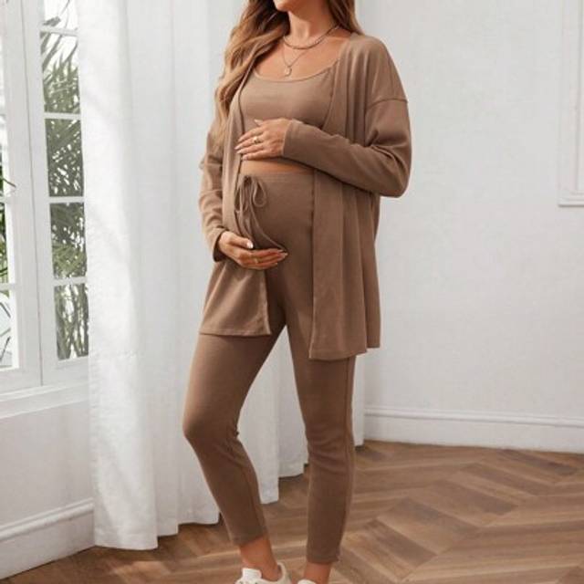 SHEIN Maternity Waffle Knit Tank Top And Adjustable Bow-Tied Waist Leggings Set With Coat