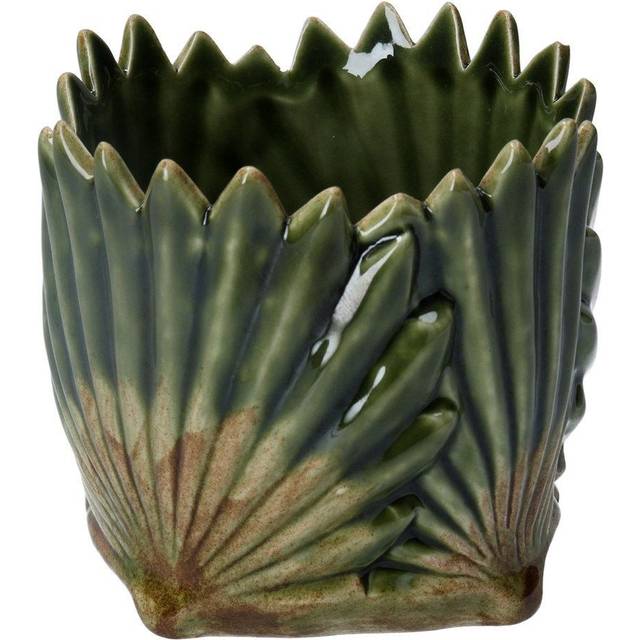 Antiqued green ceramic fan leaf plant pot cover 9.5cm - gisela graham