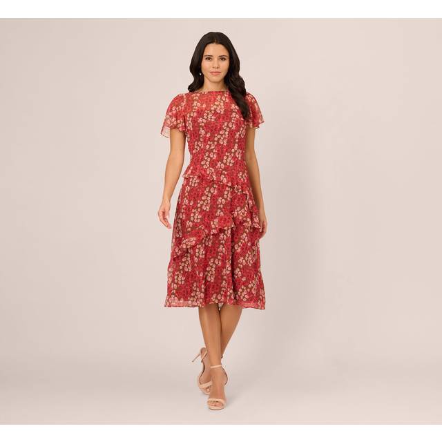 Flutter Sleeve Boat Neck Floral Chiffon Midi Dress In Mocha Multi - 14