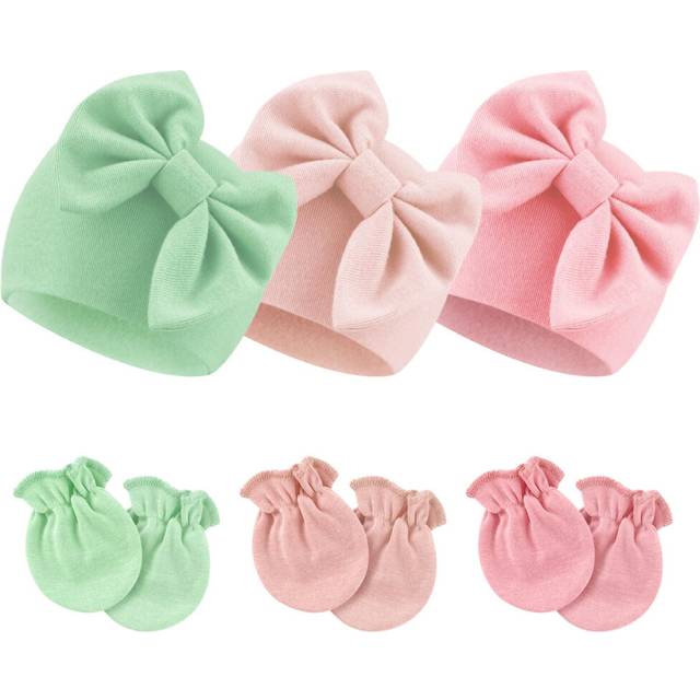 BQUBO Newborn Baby Hospital Hats Beanie Bow Infant Caps Baby Cotton No Scratch Mittens Set for 0-6 Months