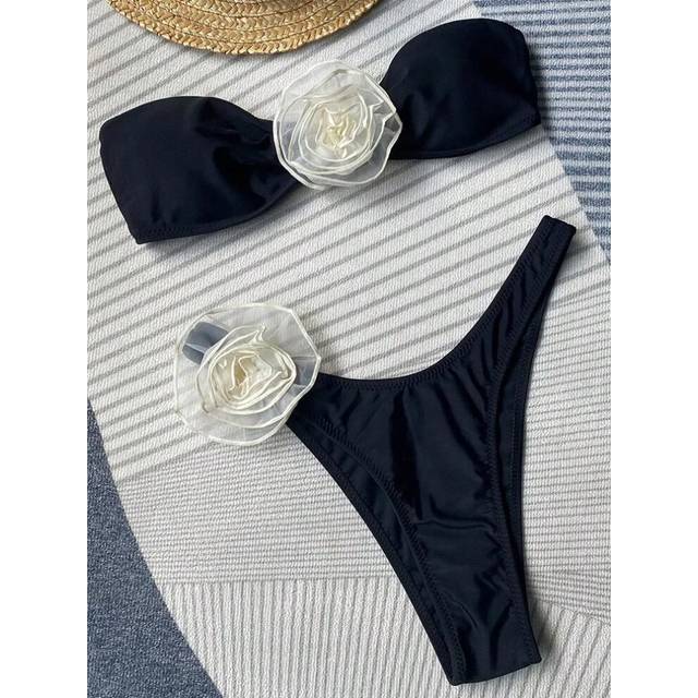 (B888Black, S) 3D Flowers Brazilian Strapless Bandeau Bikini Female Swimsuit Women Swimwear Two-pieces Bikini Set High Cut Bathing Suit Swim