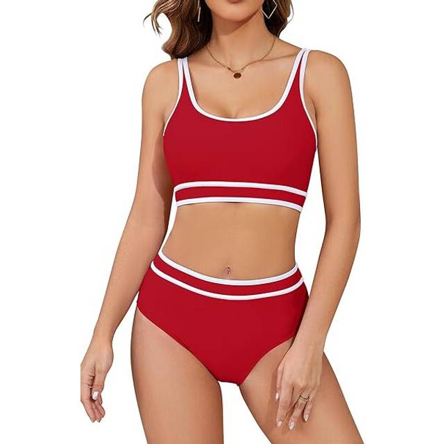(Red, S) Women's Sporty Bikini Sets Two Piece High Waisted Swimsuits Tummy Control