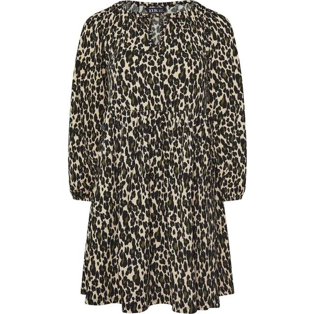 Yours Curve Natural Brown & Green Leopard Print Textured Tie Neck Dress, Women's Curve & Plus Size, Yours - 20