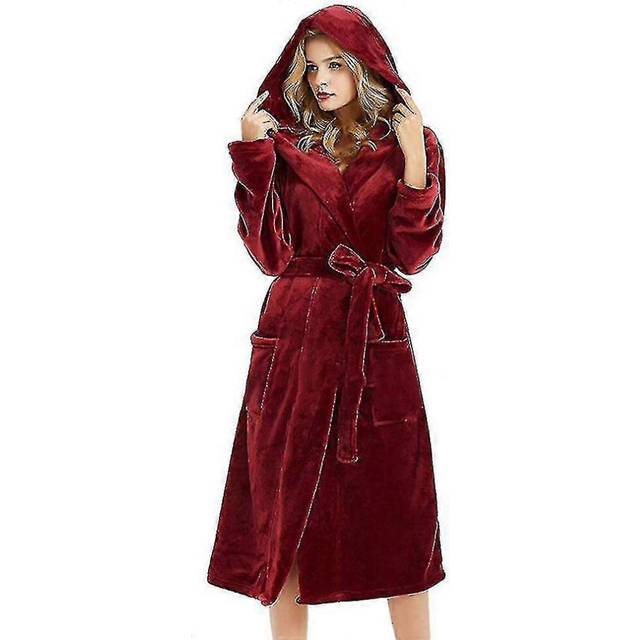 (S, Wine Red) Women Dressing Gown Hooded Fleece Lined Fluffy Bathrobe