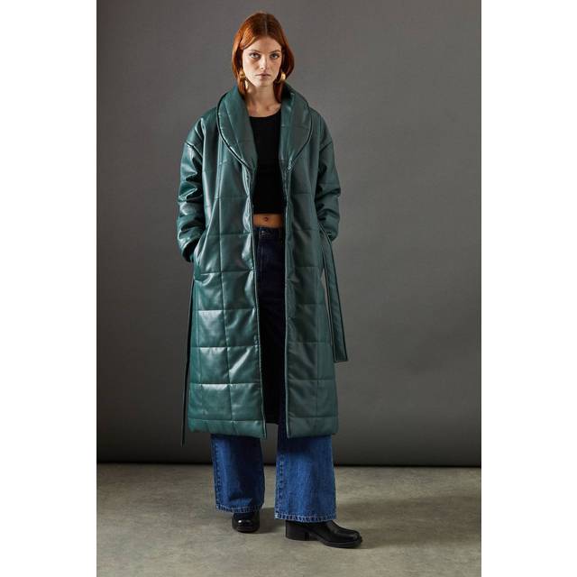 Womens Faux Leather Wrap Belted Padded Coat - Green - 6