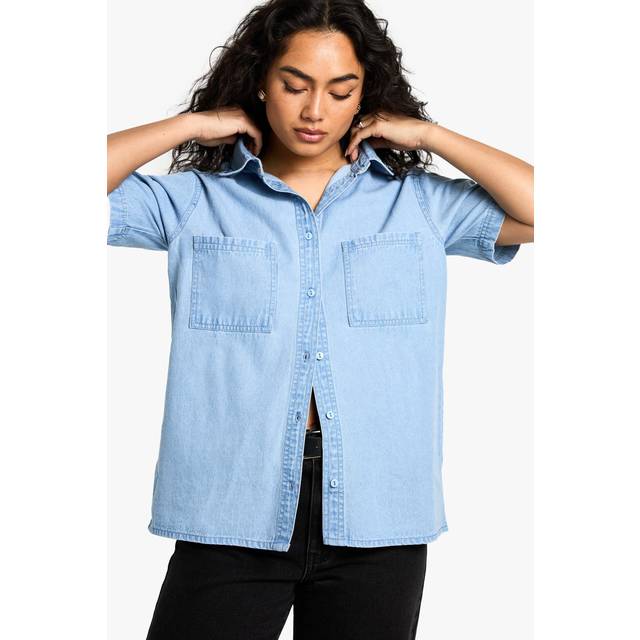 Womens Chambray Denim Short Sleeve Shirt - Grey - 10