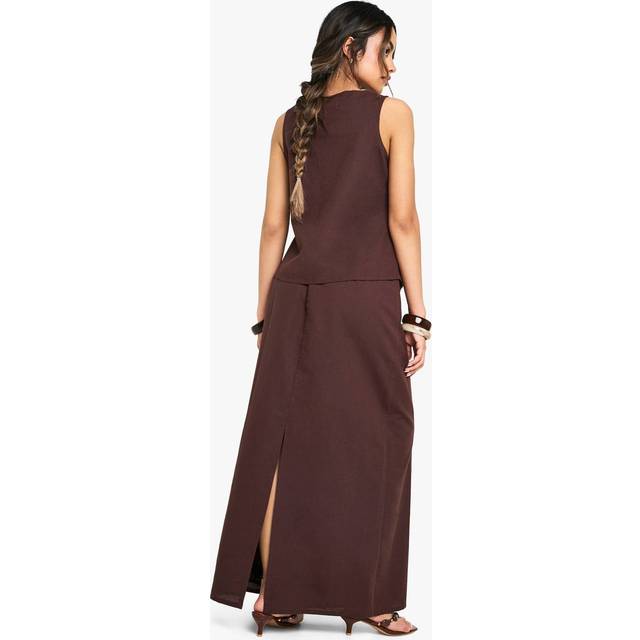 Womens Linen Split Back Maxi Skirt - Brown - 6, Brown