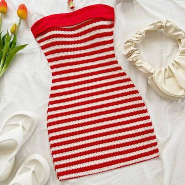 Soleia Women&#39;s Red And White Striped Mini Dress, Fitted Casual Beach Vacation Summer Holiday Music Festival Party