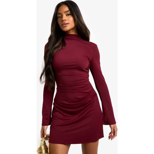 Womens High Neck Long Sleeve Ruched Waist Shift Dress - Red - 14, Red