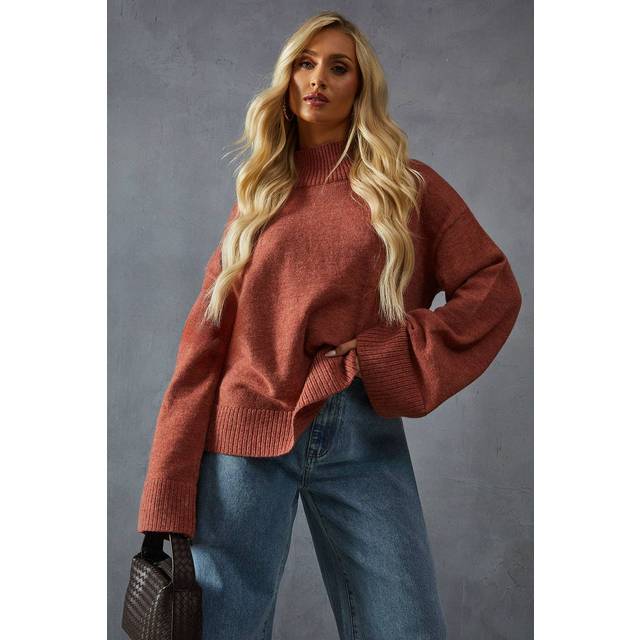 Knitted High Neck Wide Sleeve Jumper - Rust - S/M
