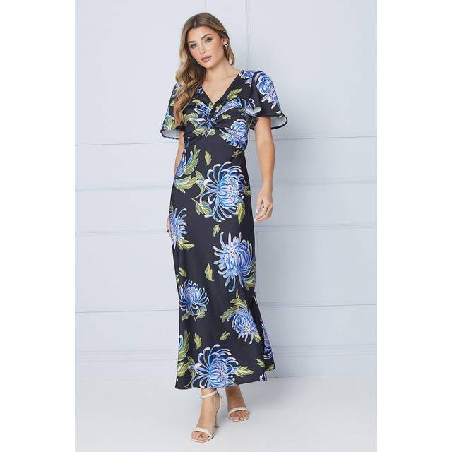Oasis womens midi dress black v-neck floral satin fit flare short sleeve