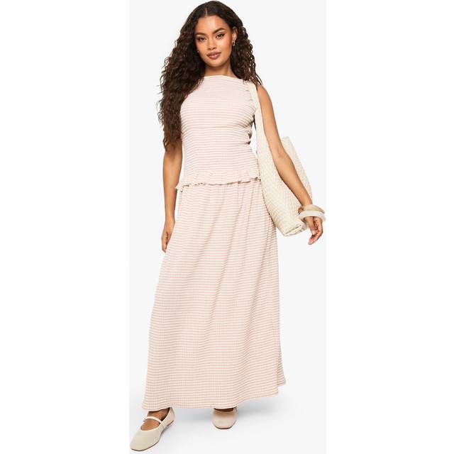 Womens Textured Gingham Shirred Waist Maxi Dress - Beige - 14