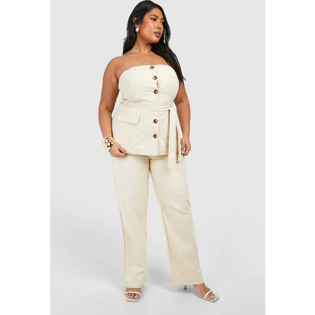 Womens Plus Linen Look Wide Leg Trouser - Beige - 18, Beige