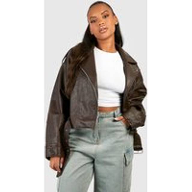 Womens Plus Vintage Faux Leather Crop Biker Jacket - Brown - 28, Brown