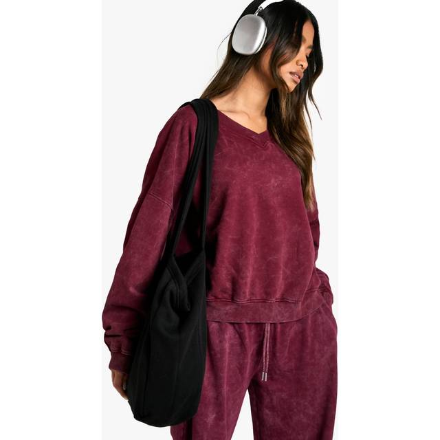 Womens Overdyed V Neck Oversized Sweatshirt - Red - S, Red