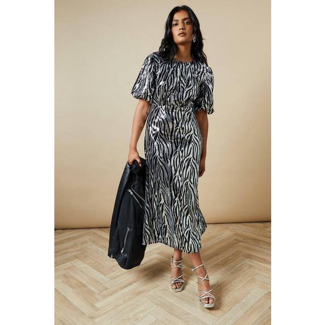 Oasis womens midi dress black elegant zebra sequin puff sleeve high neck