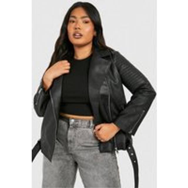 Womens Plus Belted Faux Leather Pu Biker Jacket - Black - 16, Black