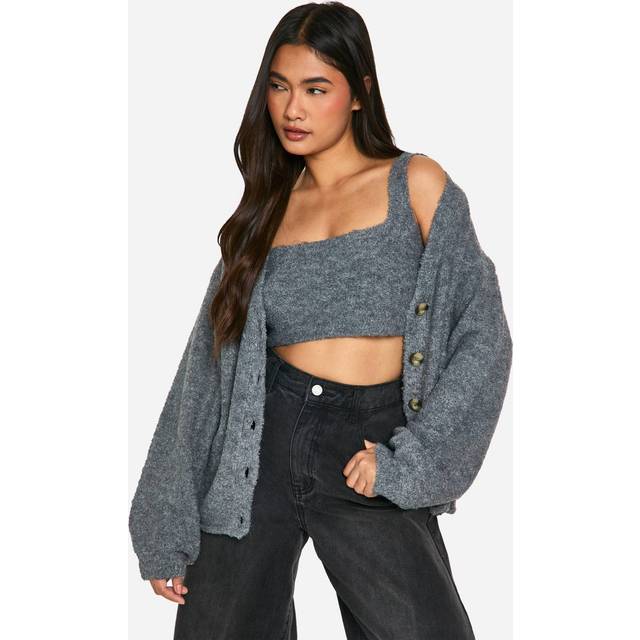 Womens Slouchy Cardigan And Bralet Borg Knit Co-Ord - Grey - S, Grey
