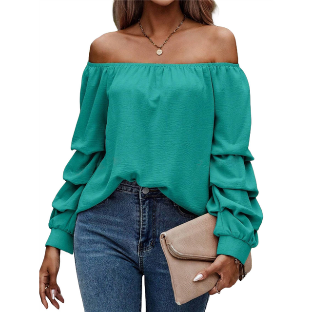 Women'S Off Shoulder Top Ruffle Long Sleeve Chiffon Blouse Casual Loose Shirts Lake Blue S