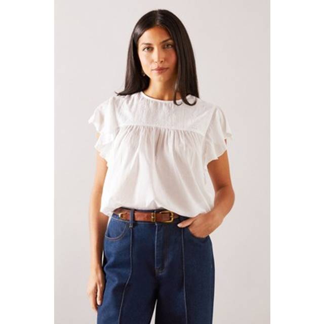 Womens BRODERIE FRILL SLEEVE TOP - Ivory - 16