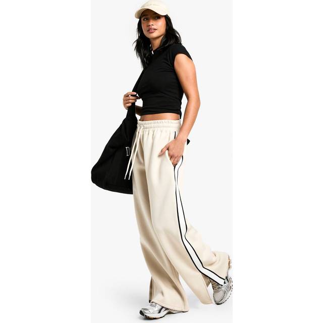 Womens Petite Side Stripe Tape Split Hem Wide Leg Joggers - Beige - S