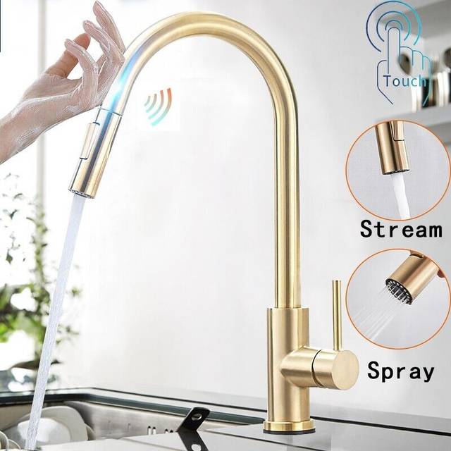 Gold touch sensor kitchen sink mixer tap pull out spray head swivel single lever