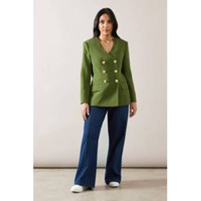 Womens Petite V Neck Double Breasted Blazer - Khaki - 20