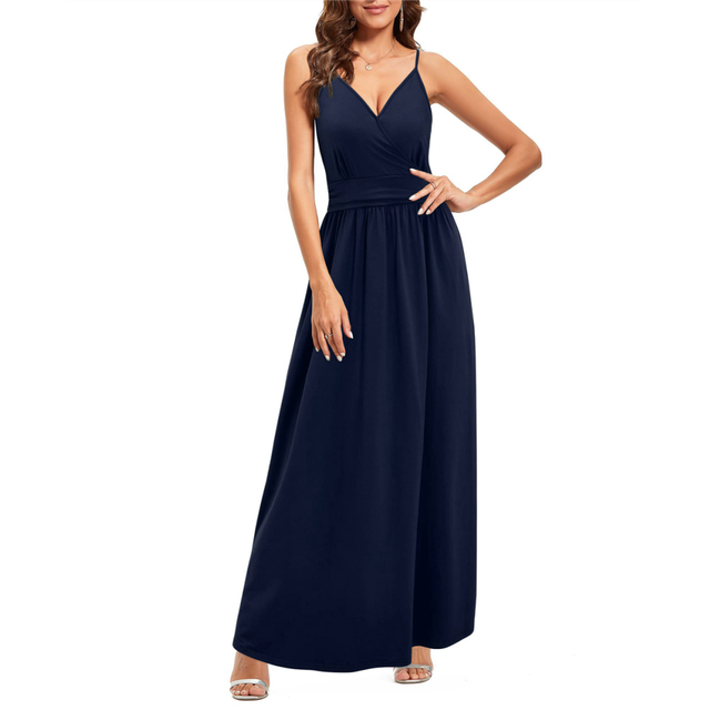 Women Summer Maxi Dress Vacation Floral Spaghetti Strap Spring Casual Boho Split Beach Long Flowy Sundress Navy Blue XL