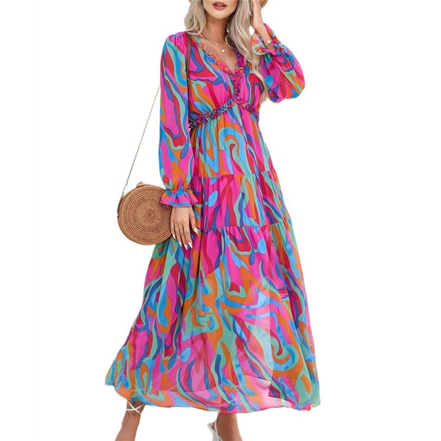 Womens Casual Boho Deep V Neck Long Sleeve Dress Color L