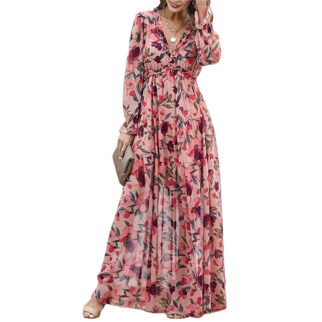 Womens Casual Boho Deep V Neck Long Sleeve Dress Red M