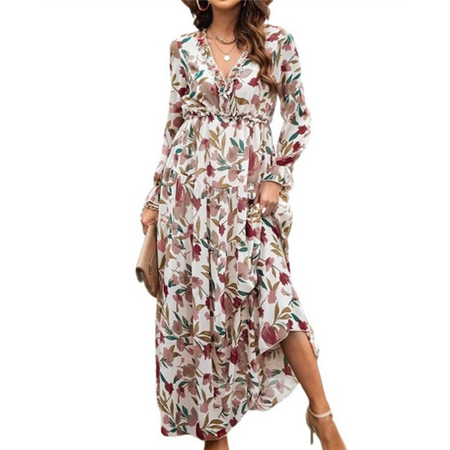 Womens Casual Boho Deep V Neck Long Sleeve Dress M