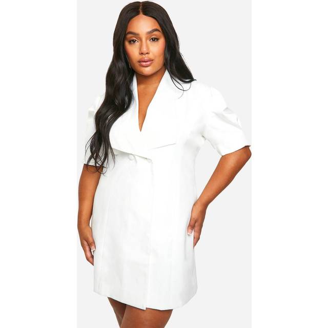 Womens Plus Bow Detail Puff Sleeve Blazer Dress - White - 28, White