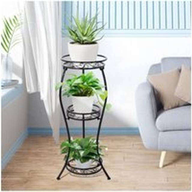 3-Layer Black Plant Display Rack - Space Saving Iron Stand for Balcony - One Size