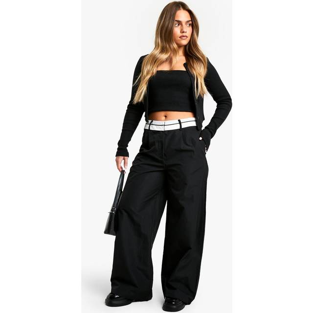 Womens Petite Reverse Waistband Tailored Wide Leg Trousers - Black - 14