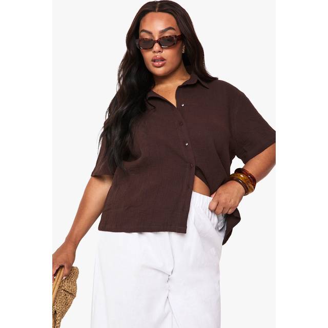 Womens Plus Cheesecloth Short Sleeve Shirt - Brown - 16, Brown
