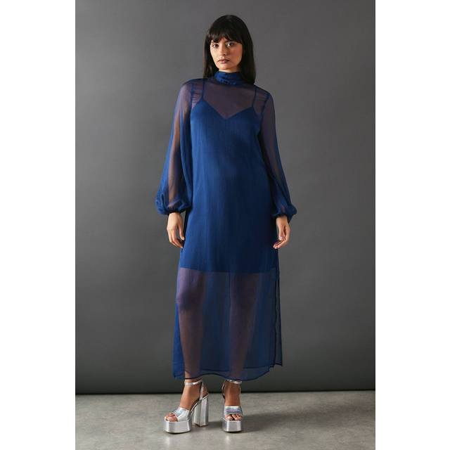 Warehouse womens midi dress navy chiffon tie neck balloon sleeve spring