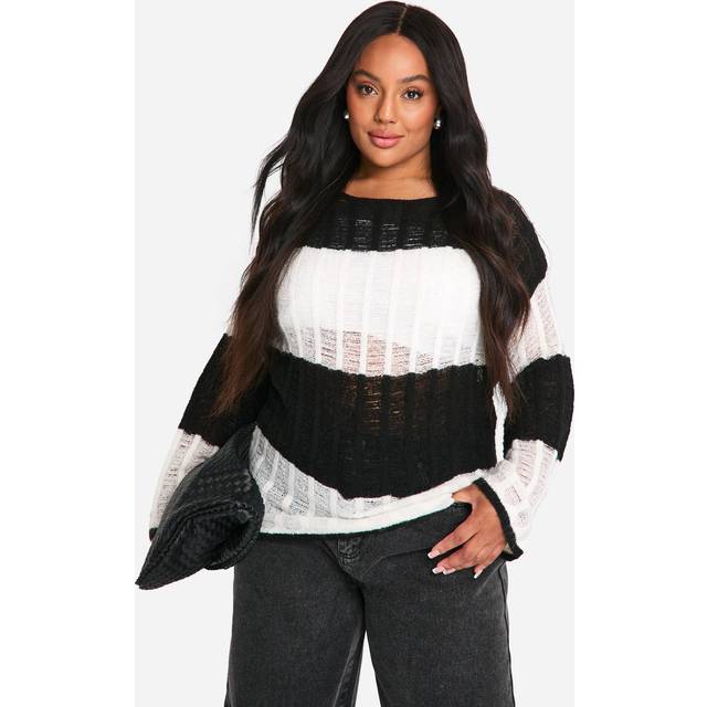 Womens Plus Ladder Knit Stripe Oversized Sheer Jumper - Black - 16-18, Black
