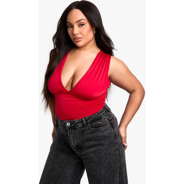Womens Plus Slinky Plunge Sleeveless Bodysuit - Red - 28, Red