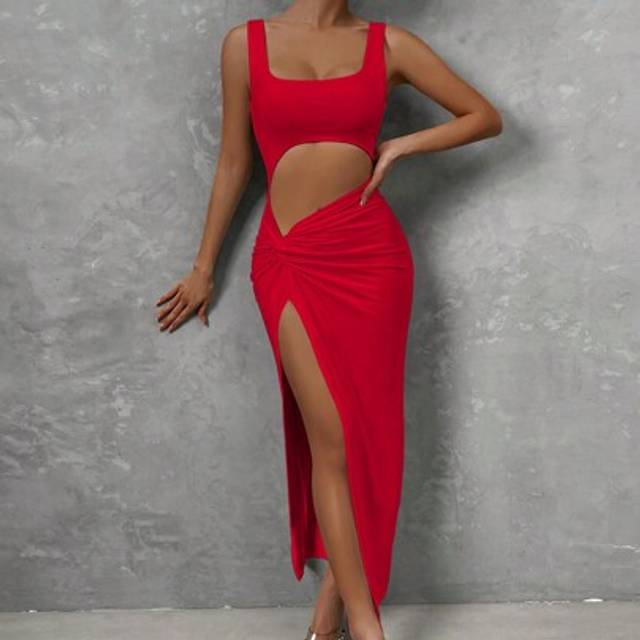 Chiquease Cut Out Twist Front Split Thigh Dress For New Year Clothes Maxi Women Outfit Halloween