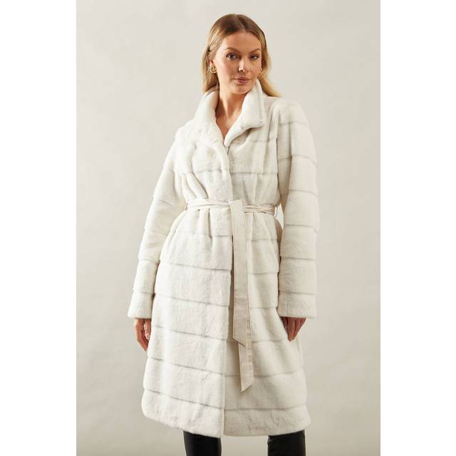 Womens Faux Fur Funnel Neck Coat - Ecru - 14