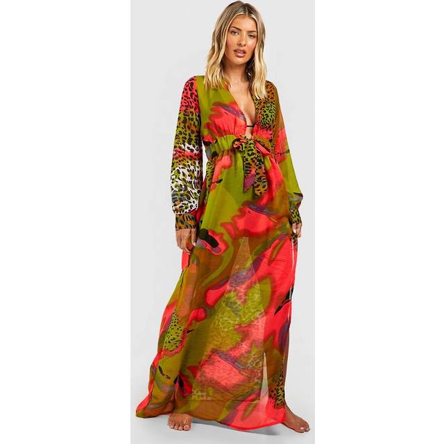 Womens Neon Tie Dye Animal Maxi Beach Kaftan - Green - S