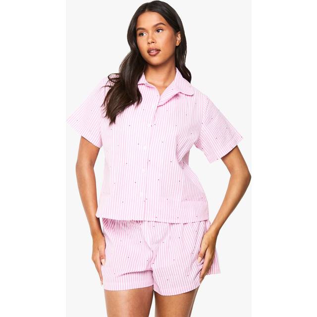 Womens Seersucker Stripe Heart Print Short Sleeve Shirt & Shorts Pyjama Set - Pink - 8, Pink