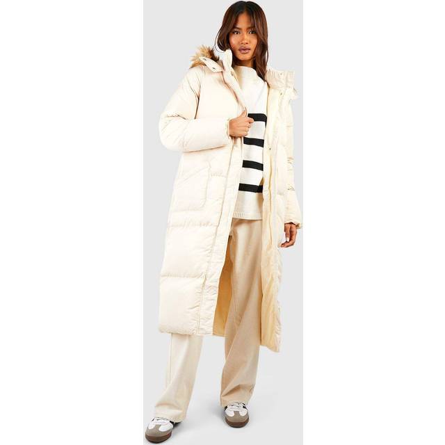 Womens Tall Faux Fur Hood Longline Padded Coat - Brown - 8, Brown